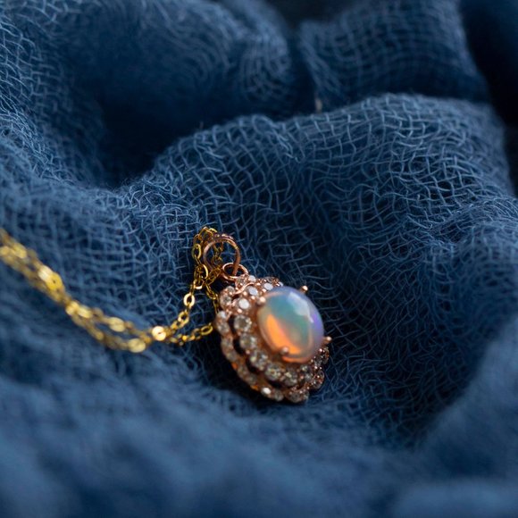 Rose Gold Vermeil Genuine Fire Opal Necklace Vintage Natural Gemstone Necklace - Picture 4 of 8